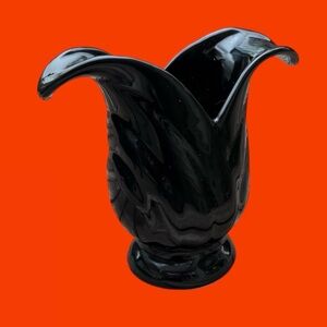 Fabulous Vintage Art Nouveau Pottery Vase Glossy Black Open Flower Petal Design